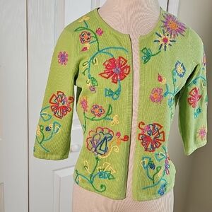 Colorful Embroidered Green Open Cardigan. Size Meduim By CHIME